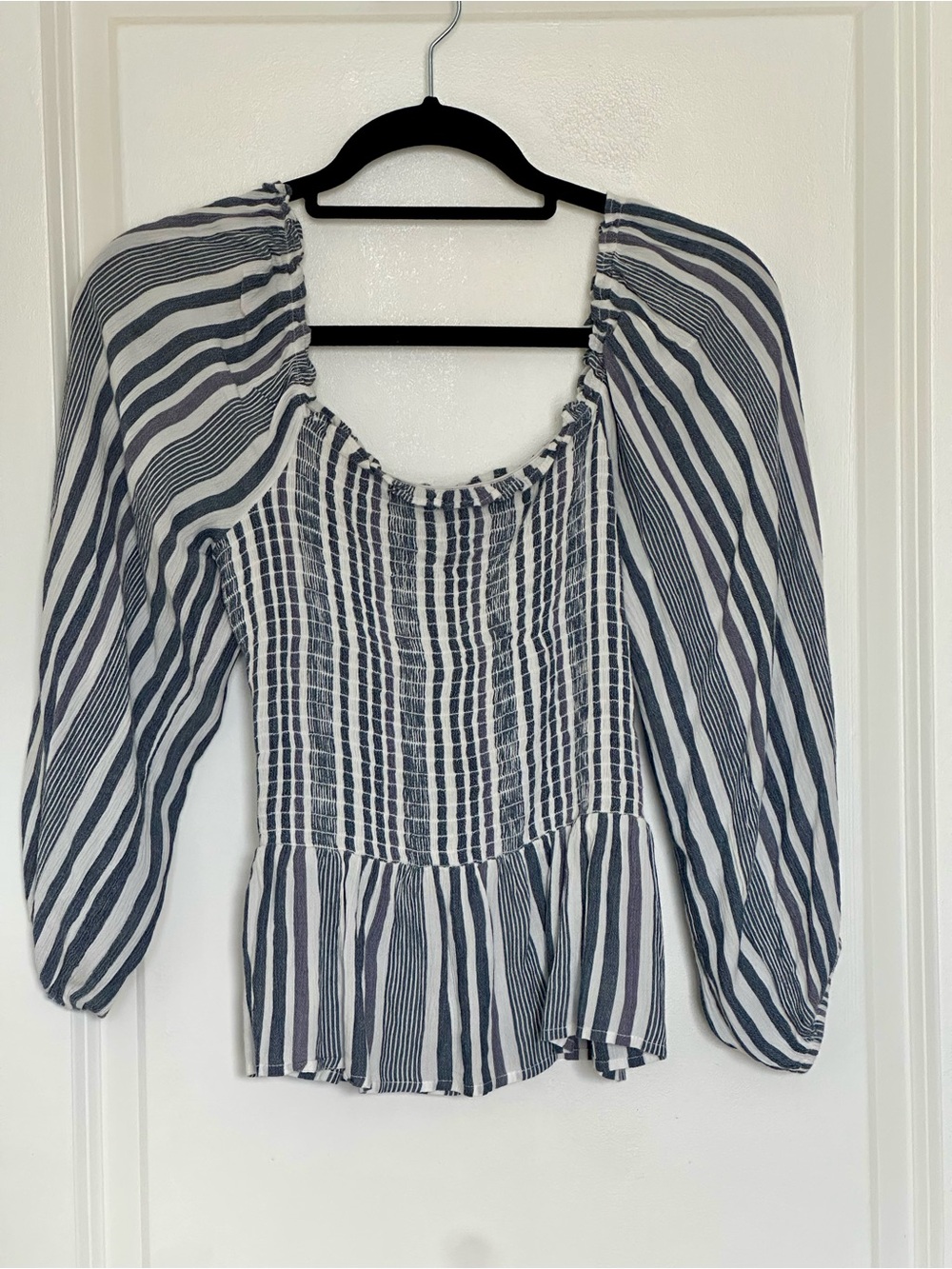 American Eagle Outfitters Navy and White Striped Smocked Blouse